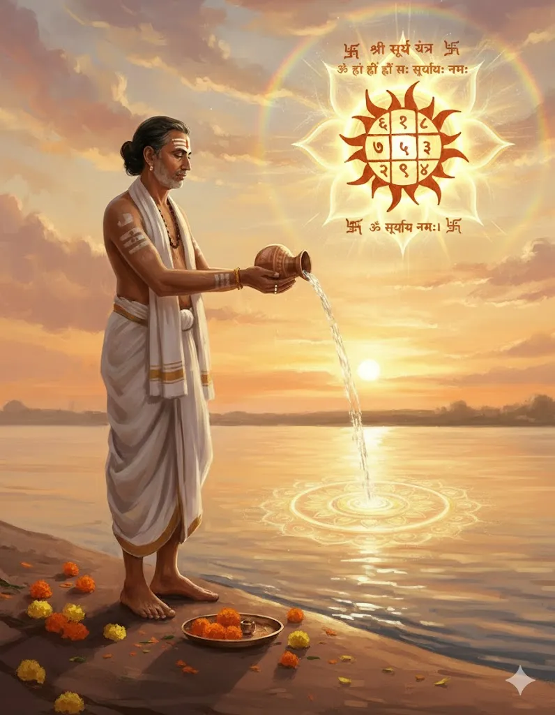 A serene digital painting of a Hindu man in traditional white attire standing by a river at sunrise, performing a water offering (Arghya). A glowing, golden Surya Yantra hologram is suspended in the sky above the water, surrounded by a soft rainbow halo and Sanskrit mantras.