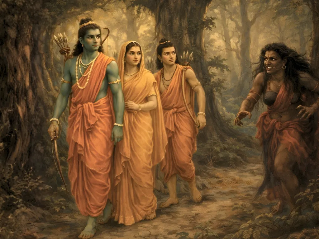 The demoness Shurpanakha approaching Lord Rama, Sita, and Lakshmana in the forest; the trio appears calm while she looks menacing.