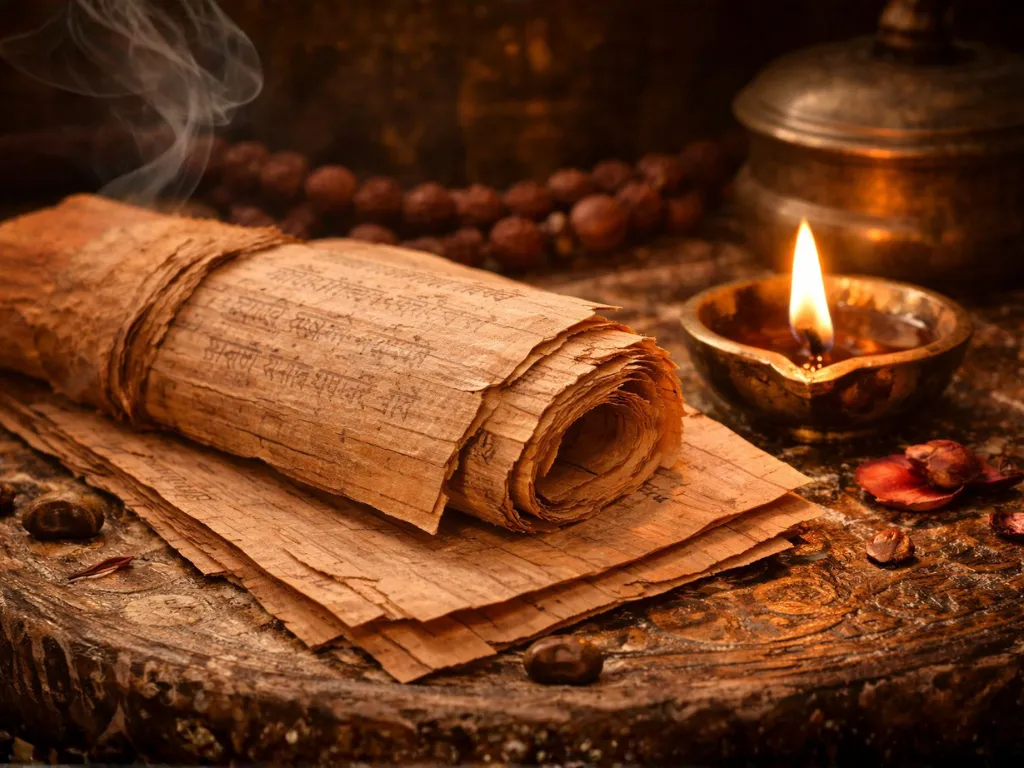 Close-up of authentic Himalayan Bhojpatra bark used at YantraChants.com, showing the organic texture of Birch bark alongside a traditional oil lamp and incense smoke.
