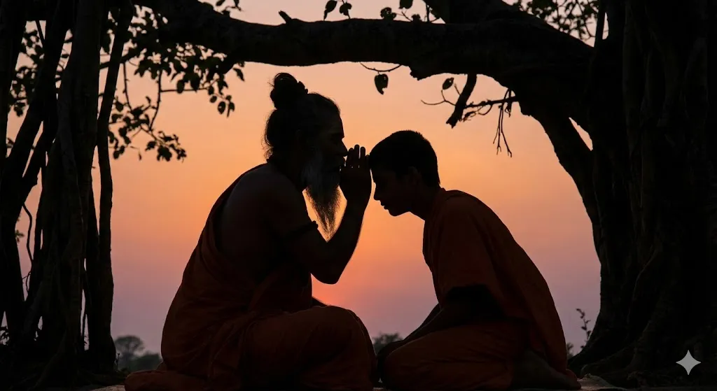 A silhouette of a Guru whispering into the ear of a disciple in a forest setting, symbolizing Diksha (initiation)
