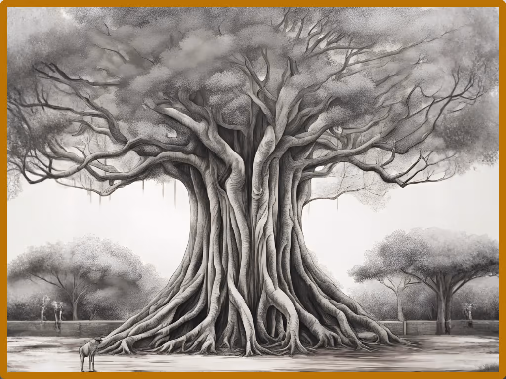 A detailed, monochromatic pencil-style illustration of a massive, ancient Banyan tree with deeply intertwined roots and expansive branches. A small animal stands at the base, emphasizing the tree's immense, awe-inspiring scale. The sacred tree represents the eternal and grounding presence of Lord Shiva.