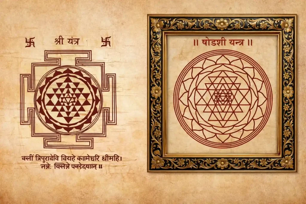 Two sacred yantras arranged side by side in a 16:9 layout—on the left, a parchment-style Shri Yantra with geometric triangles, lotus rings, swastika symbols, and Sanskrit script; on the right, a framed Podeshi Yantra with intricate lotus geometry and a decorative gold border, both rendered in deep maroon lines Bhoj Patra background.