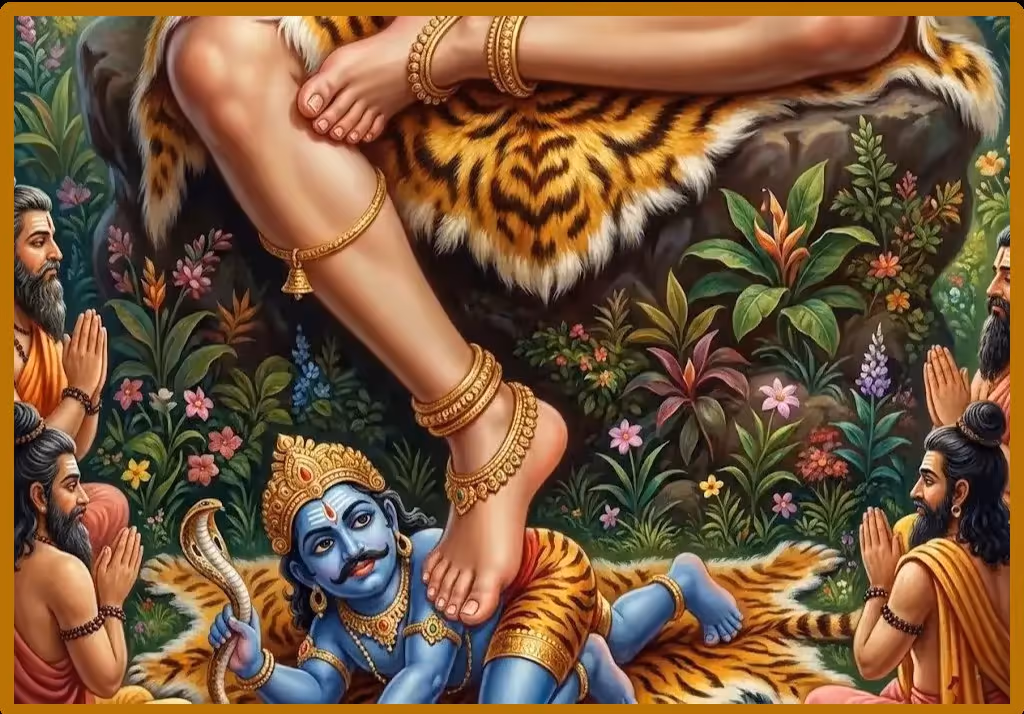 A detailed painting showing a close-up of Lord Dakshinamurthy's adorned foot firmly pressing down on the back of the blue-skinned demon of forgetfulness, Apasmara. The demon lies subdued on a tiger skin, holding a small snake. Reverent sages with folded hands sit on either side, surrounded by vibrant green plants and blooming flowers.