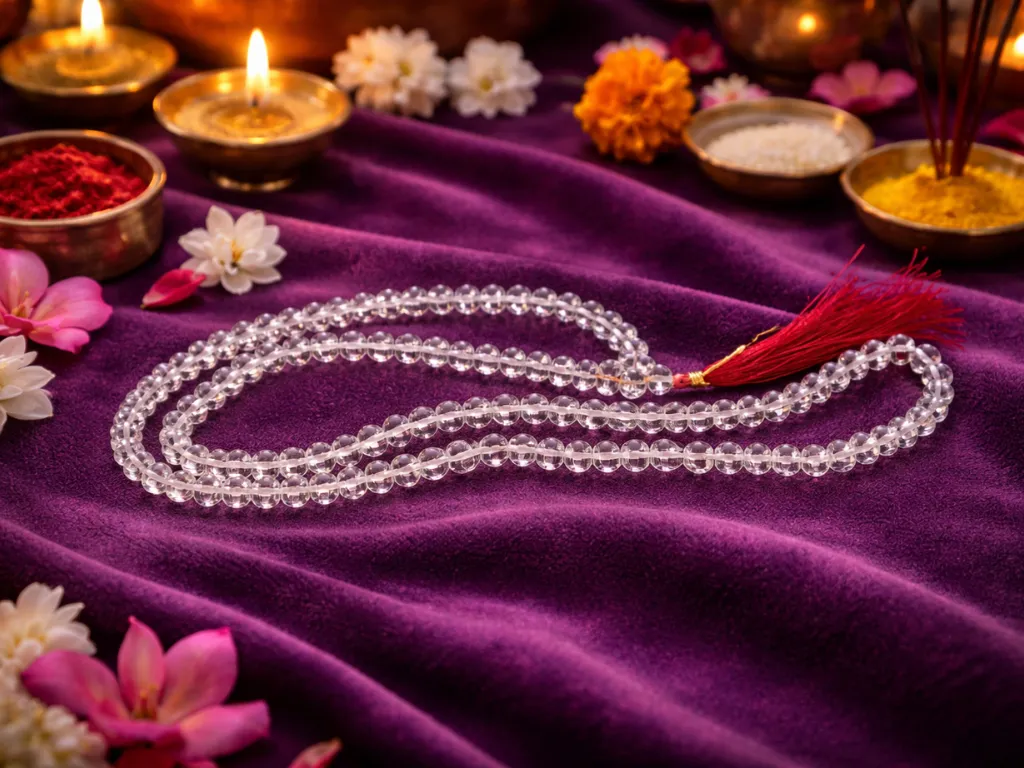 A clear crystal Sphatik mala with a red tassel resting on a purple velvet cloth, surrounded by traditional ritual items including lit diya lamps, brass bowls with kumkum and turmeric, and fresh marigold and white flowers.
