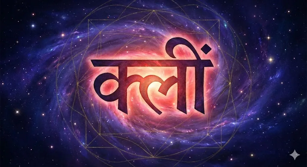 spiritual illustration of the Kleem Beej syllable written in Sanskrit (क्लीं) glowing