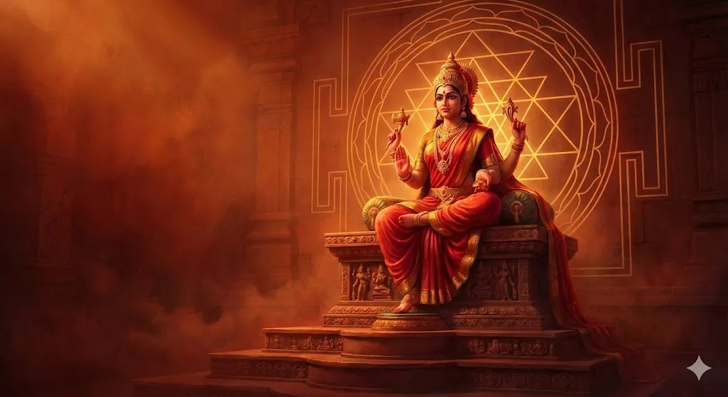 Lalita Tripura Sundari Rajarajeshwari seated on Shiva throne – Sri Vidya Tantra Iconography.