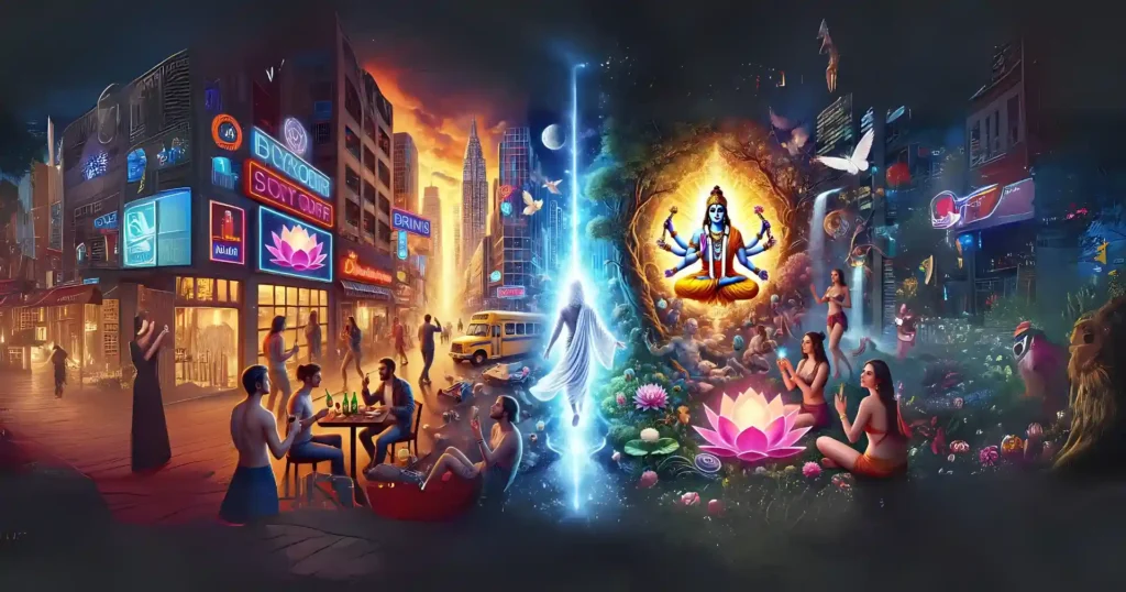 A surreal image showing the contrast between a chaotic urban scene of people indulging in fleeting joys and a serene Guru standing in a divine garden, holding a glowing lotus with a radiant Sanatana Dharma Devata like Lord Vishnu in the background. The visual symbolizes the journey from material distractions to spiritual happiness through the guidance of a Guru and divine connection.