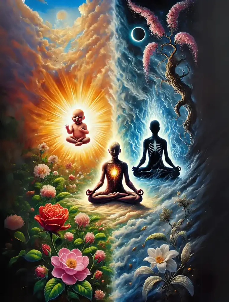 surreal split illustration depicting a glowing infant in sunlight (birth) on the left, and a meditating skeleton in cosmic darkness (death) on the right. In the center, an adult meditates with a glowing heart, bridging this duality to illustrate how life's cycle unfolds within the unified field of consciousness (Brahman).