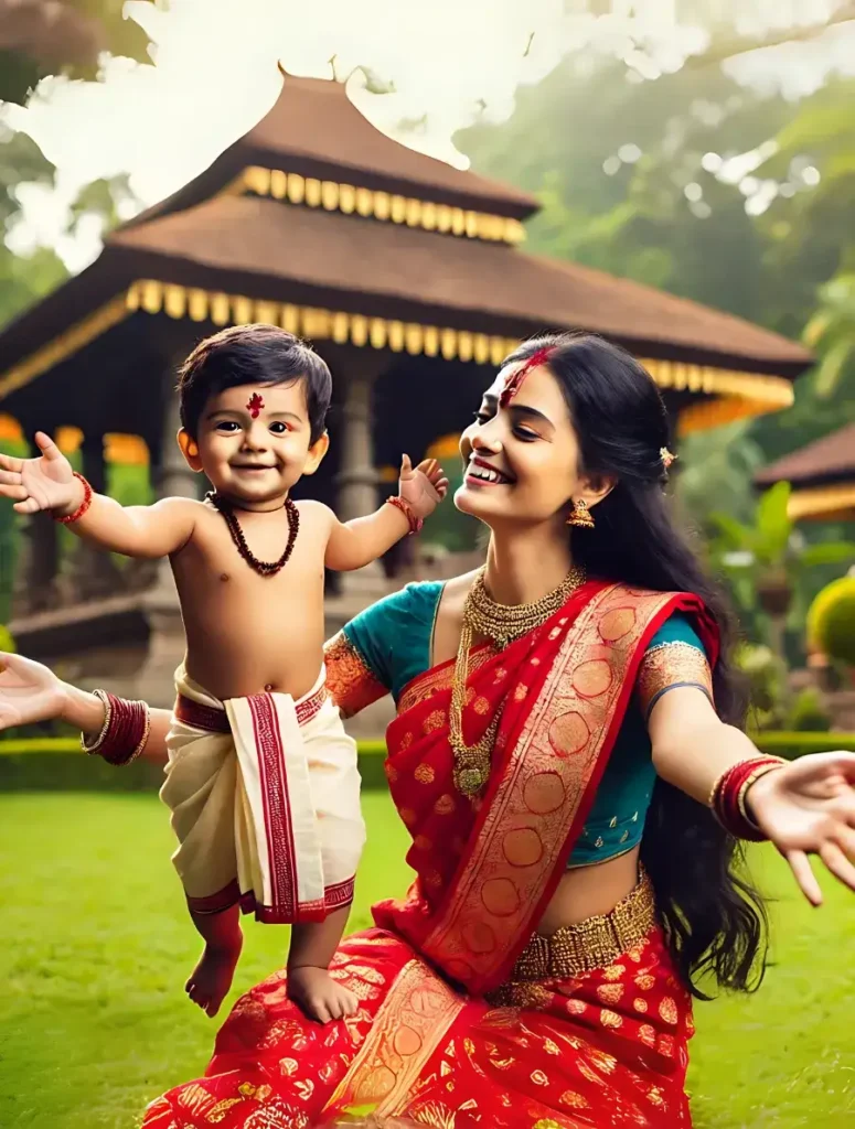 A joyful toddler in a traditional white dhoti takes eager, exploratory steps with his arms open wide, symbolizing the beginning of his lifelong journey to discover the world. Kneeling before him on a lush green lawn is a warmly smiling woman in a vibrant red saree, her arms outstretched to encourage his expanding awareness and newfound independence. A softly blurred traditional temple structure stands in the background.