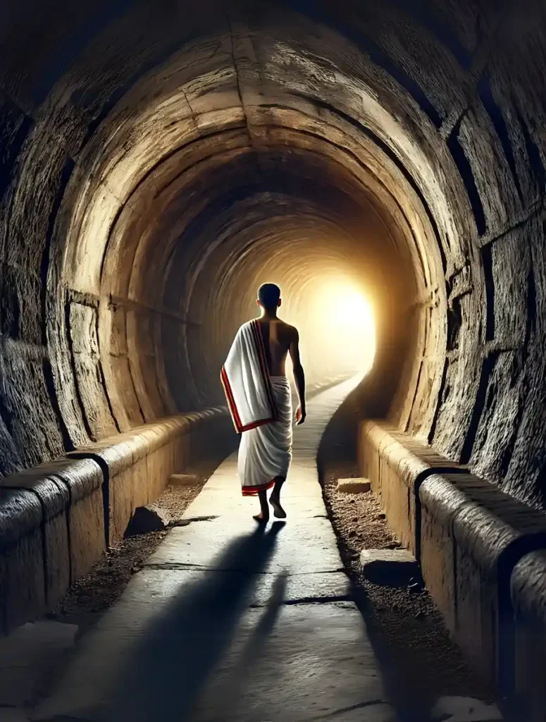 A barefoot sadhaka, draped in a traditional white dhoti and shawl with red borders, walks steadily through a dark, ancient stone tunnel toward a brilliant, glowing light at the exit. Casting a long shadow behind him, this powerful imagery symbolizes the spiritual journey described in the Dakshinamurthy Stotram—representing a seeker dedicated to the path of Jnana (reason) who is piercing through the shroud of ignorance to step into the illuminating light of the ultimate truth.