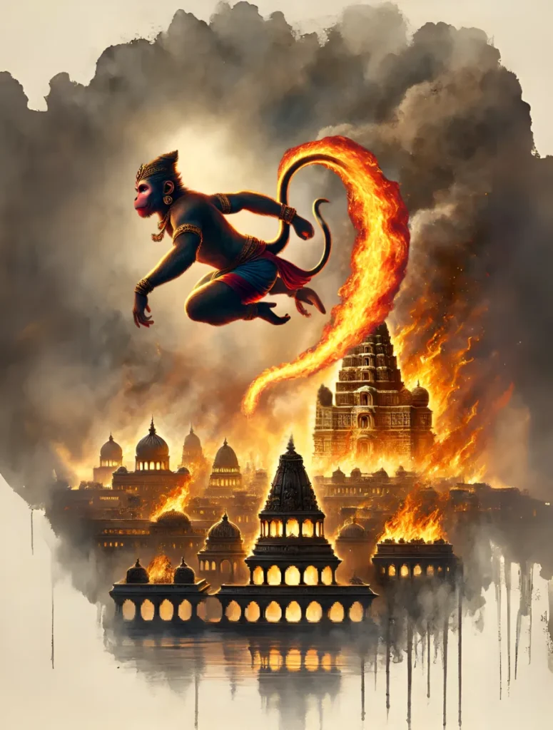 A dramatic artistic illustration of Lord Hanuman in a fierce, warrior-like manifestation, leaping through a dark, smoke-filled sky with his tail fiercely engulfed in bright flames. Below him, the grand, temple-filled city of Lanka is burning intensely, symbolizing the destruction of a golden kingdom built on lust, greed, and attachment. The powerful imagery captures Hanumanji's fiery intensity and fighter spirit, contrasting with his typical gentle mood of service.