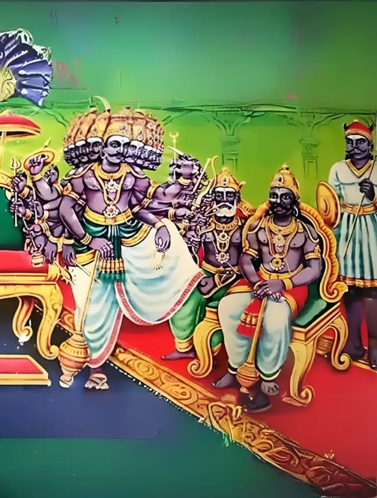 A vibrant traditional Indian illustration of the ten-headed demon king Ravana standing in his royal court, accompanied by two seated crowned figures and a standing guard.