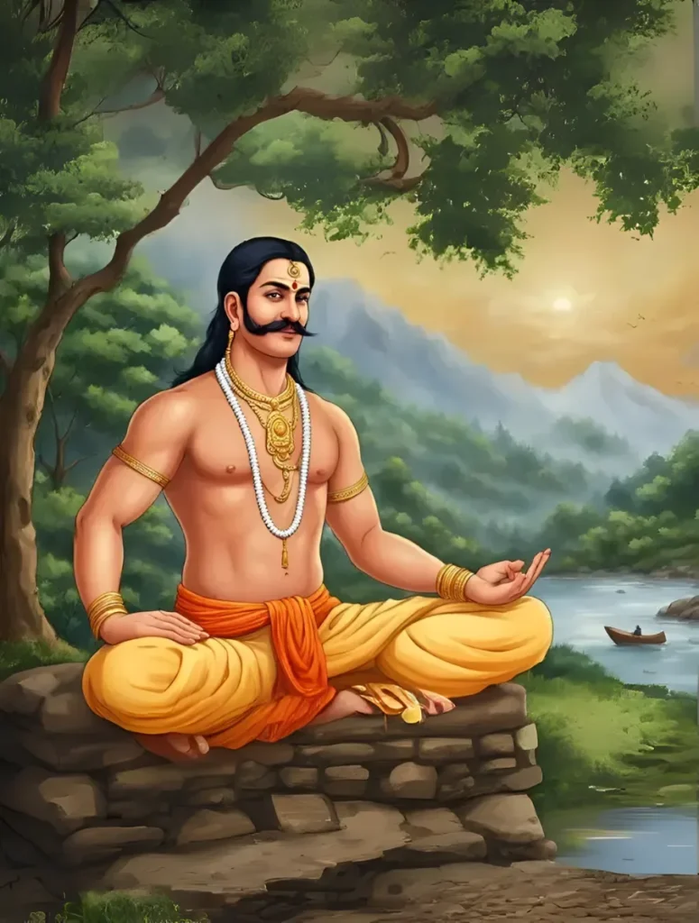 An illustration of King Vibhishana meditating peacefully in the Lotus Pose by a serene river. Adorned in traditional attire and gold jewelry, his calm posture highlights his deep spiritual devotion to Lord Rama, reflecting his true nature rather than the label of a traitor.