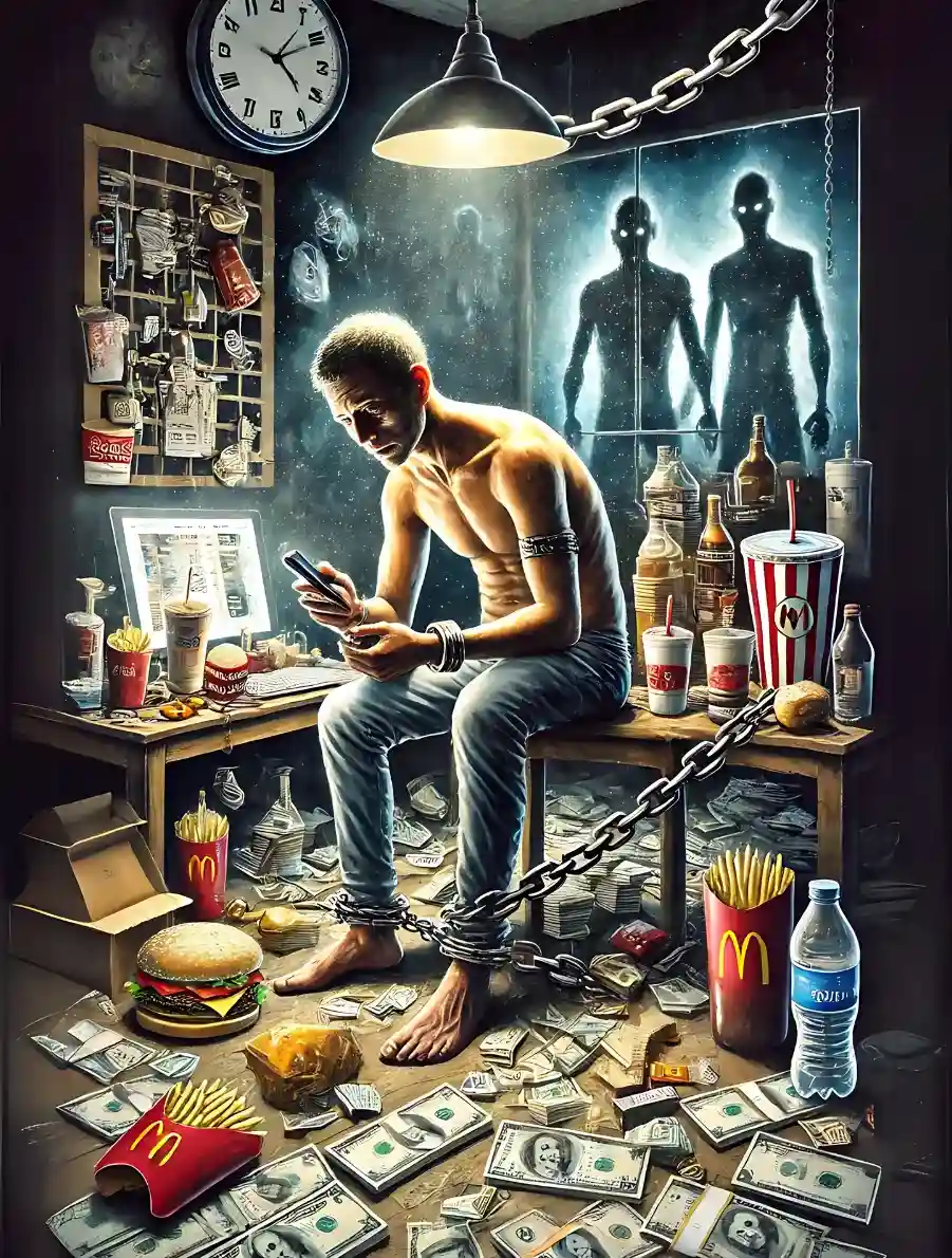 A conceptual image of a man trapped in materialistic and habitual living, sitting in a dimly lit, cluttered room filled with cash, luxury items, empty bottles, and fast food containers. Chains bind his arms and legs, symbolizing addiction and mental enslavement, while shadows in the background depict greed and attachment. The atmosphere reflects despair and spiritual emptiness.