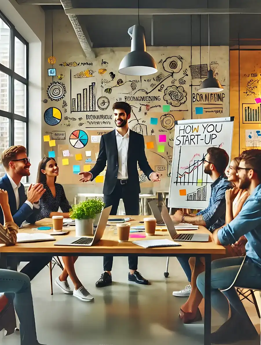 A modern start-up owner confidently motivating their team in a brightly lit office. The owner is gesturing enthusiastically while the team members, seated around a table with laptops, notebooks, and coffee cups, listen attentively. The background features whiteboards filled with brainstorming notes, graphs, and post-it notes, creating a collaborative and innovative atmosphere.