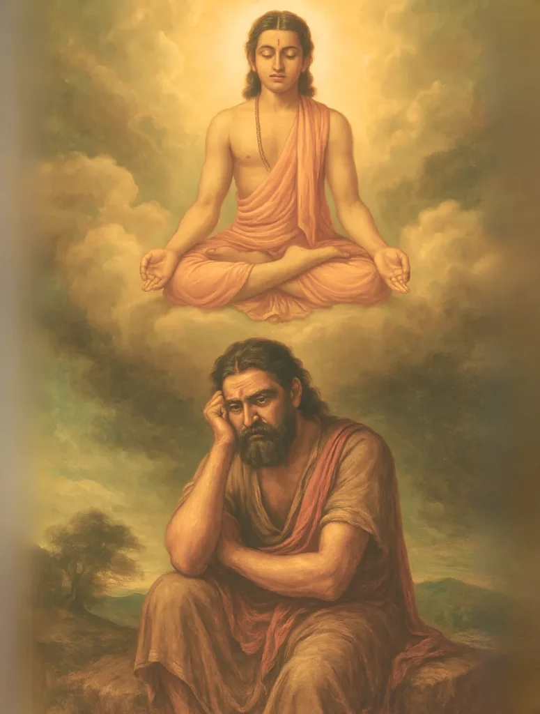 painting showing two contrasting figures: at the bottom, a troubled, bearded older man sits on a rock, resting his head heavily in his hand. Above him, a serene, glowing young man in an orange robe meditates in the lotus position on a bed of clouds, illustrating the contrast between earthly worry and spiritual peace.