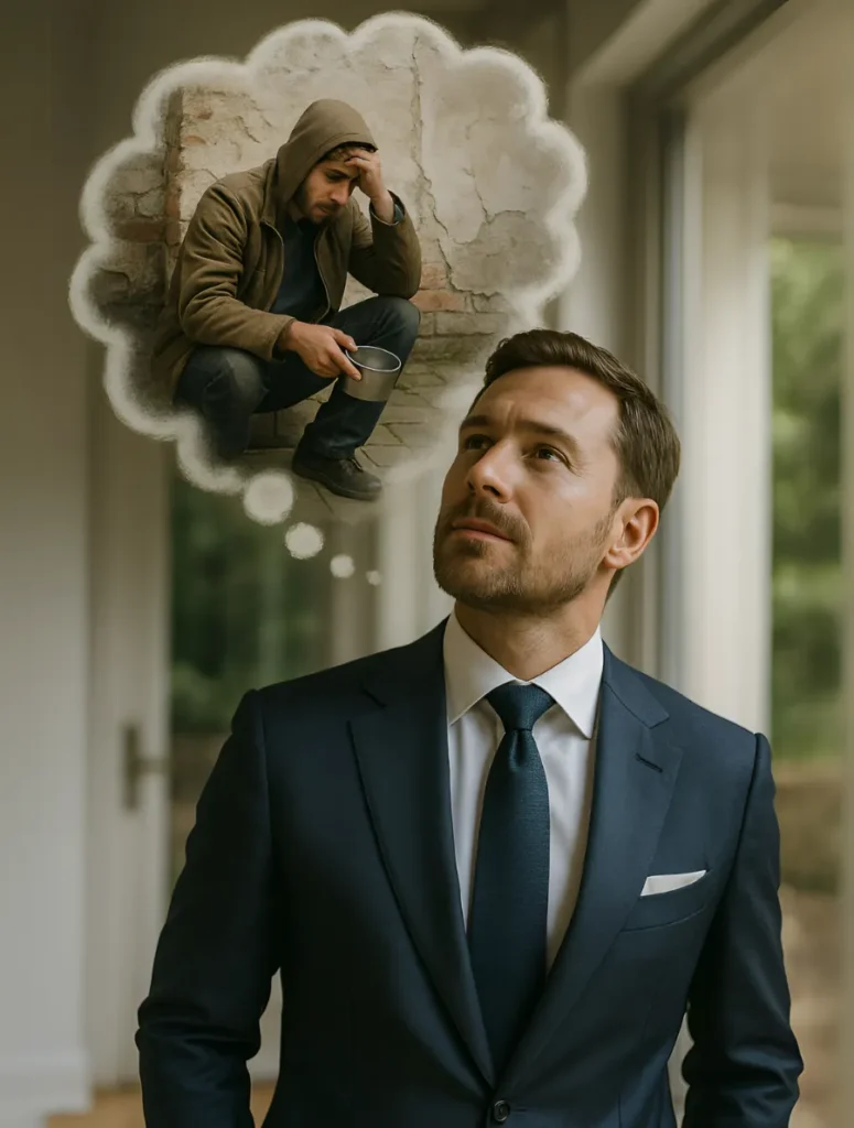 A thoughtful man in a navy blue suit looking upward, with a thought bubble above his head depicting a distressed man in a hoodie crouching by a brick wall and holding a tin cup, illustrating a contrast between success and hardship.