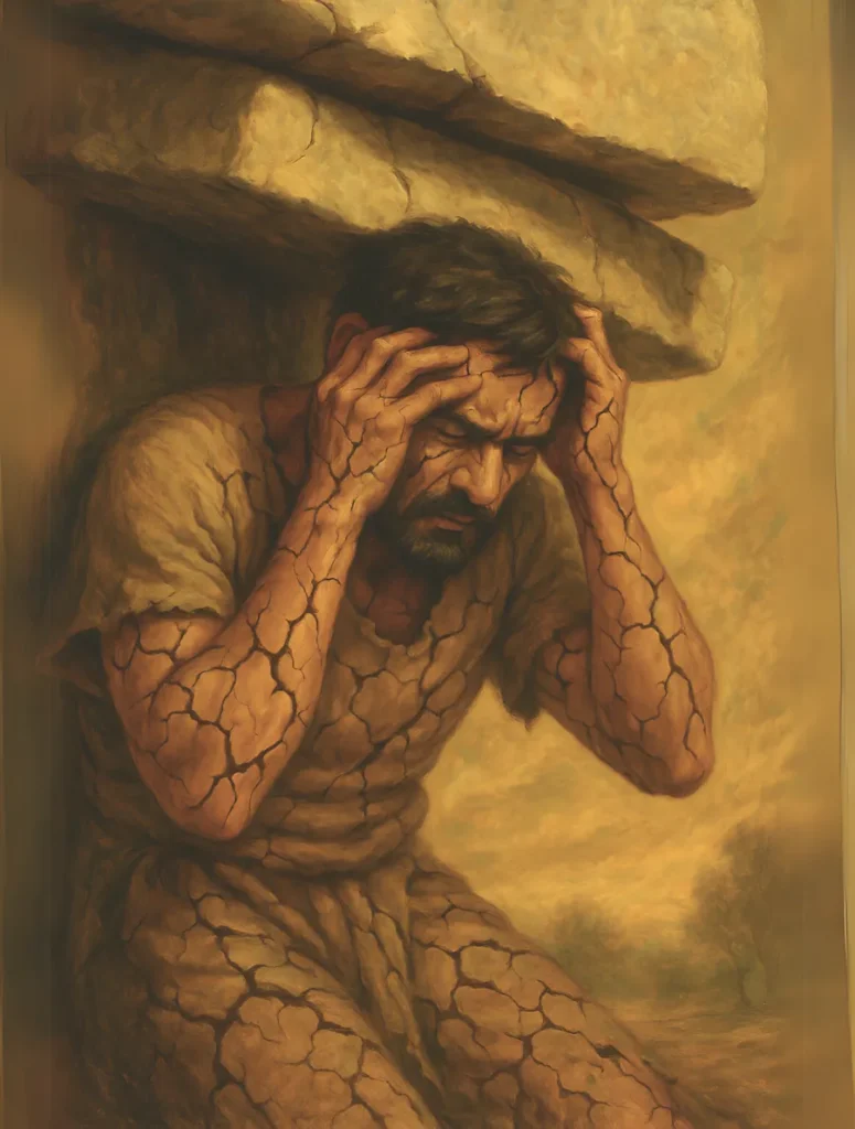 A powerful painting of a distressed man crouching under the crushing weight of heavy stone slabs, holding his head as the immense pressure causes his skin and clothing to crack deeply like dry earth. This artwork visually represents the blog's theme that life's extreme challenges and pressures do not merely destroy, but act as friction to strip away false layers and shape a resilient soul.