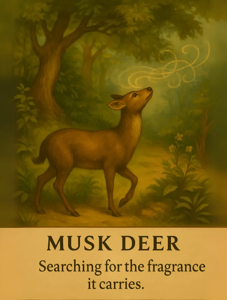 An illustration of a brown musk deer standing in a lush forest, looking upward toward swirling golden lines that represent a scent in the air. Below the artwork, a tan panel displays the text "MUSK DEER: Searching for the fragrance it carries," visually representing the metaphor of endlessly looking outward for something that already exists within.