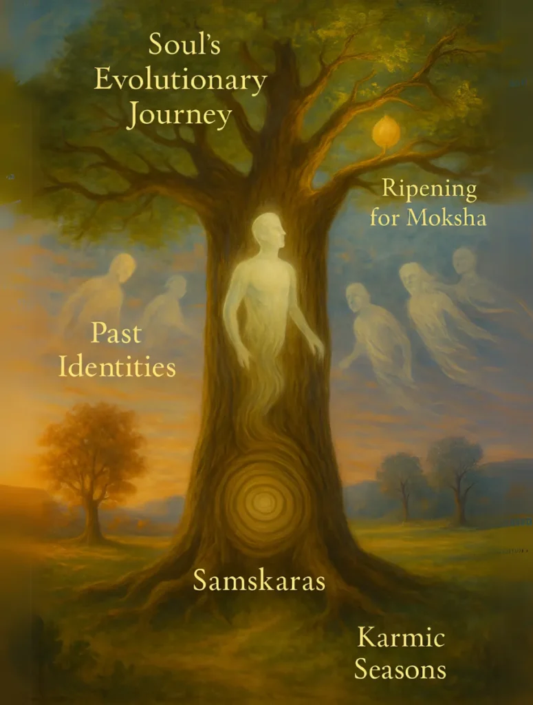 A conceptual illustration titled "Soul's Evolutionary Journey" showing a glowing central figure emerging from an ancient tree at sunset. Faded silhouettes labeled "Past Identities" float nearby, while concentric tree rings at the base represent "Samskaras." A glowing fruit on a branch symbolizes "Ripening for Moksha" through "Karmic Seasons." This artwork visually represents the blog's theme of how countless births and tendencies shape the soul over time.