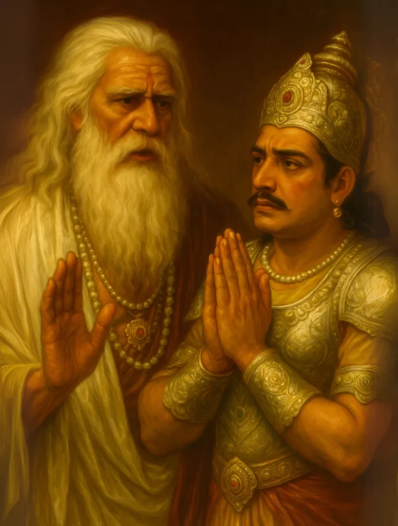 A classical-style painting illustrating a scene from the Mahabharata. An older, white-bearded sage, Bhishma, is depicted with a raised hand, imparting wisdom to a younger king, Yudhishthira. Yudhishthira wears ornate golden armor and a crown, listening intently with his hands folded in reverence, representing the teachings of the Shanti Parva on karma and birth.