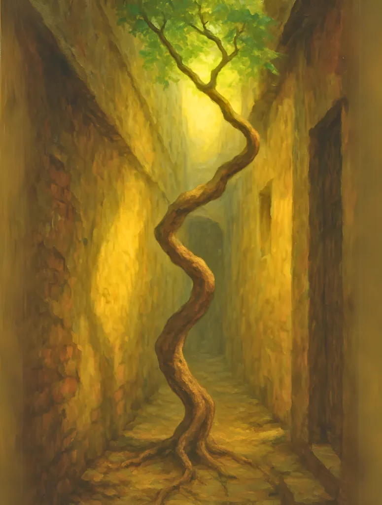 A symbolic painting of a deeply crooked, twisting tree growing upward from a narrow, shadowed stone alleyway to reach a bright, glowing patch of sunlight and green leaves. This visual metaphor illustrates Madhva's philosophy of limited free will, showing how souls, though constrained by their innate tamasic or rajasic nature, may still strive toward the light of dharma and knowledge.