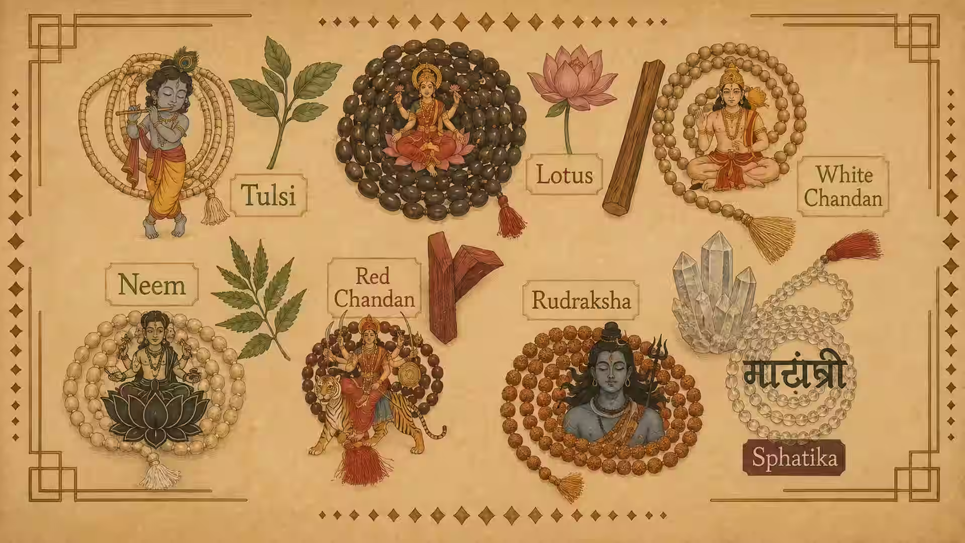 Tulsi Mala-Chandan-Mala-Rudraksha Mala-Kamal Gatta Mala