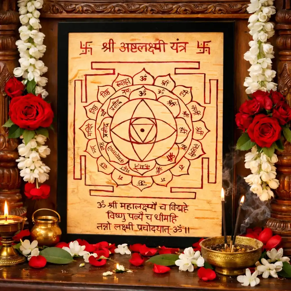 Detailed Ashta Lakshmi Yantra featuring sacred geometry and Beej Mantras for holistic wealth, handcrafted according to Shastra.