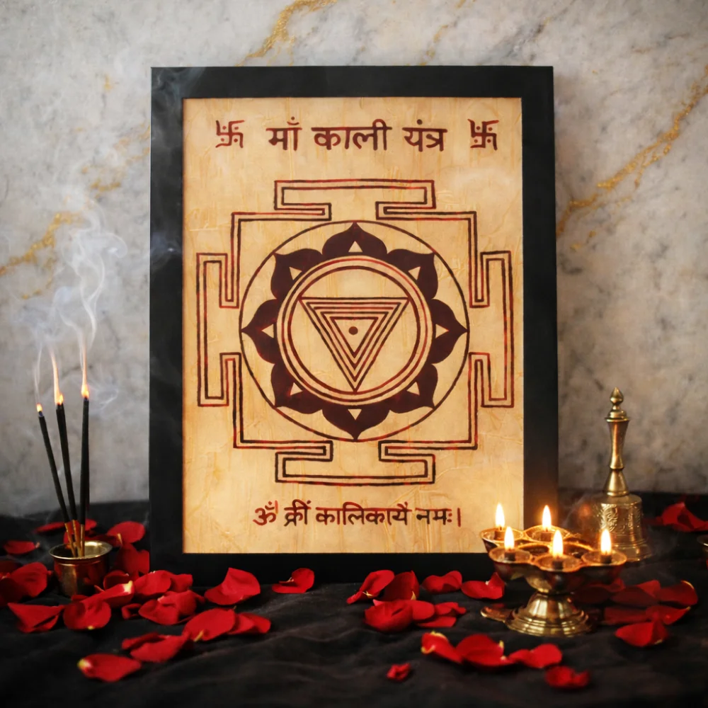 Authentic Ma Kali Yantra hand-drawn on Bhojpatra with the Beej Mantra 'Om Krim Kalikaye Namah', surrounded by red rose petals, a brass bell, and a multi-wick oil lamp.