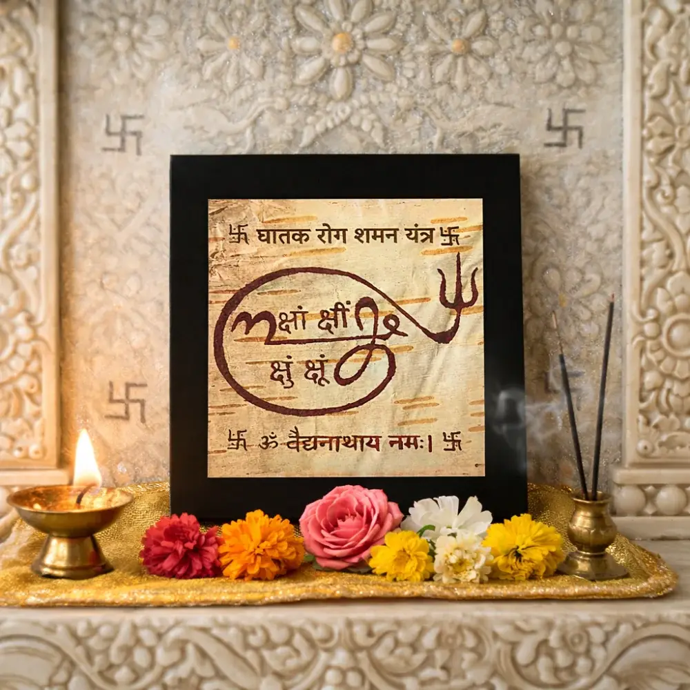 Ghatak Rog Shaman Yantra with Trishul symbol for protection against chronic diseases, inscribed with the Lord Baidyanath Mantra.