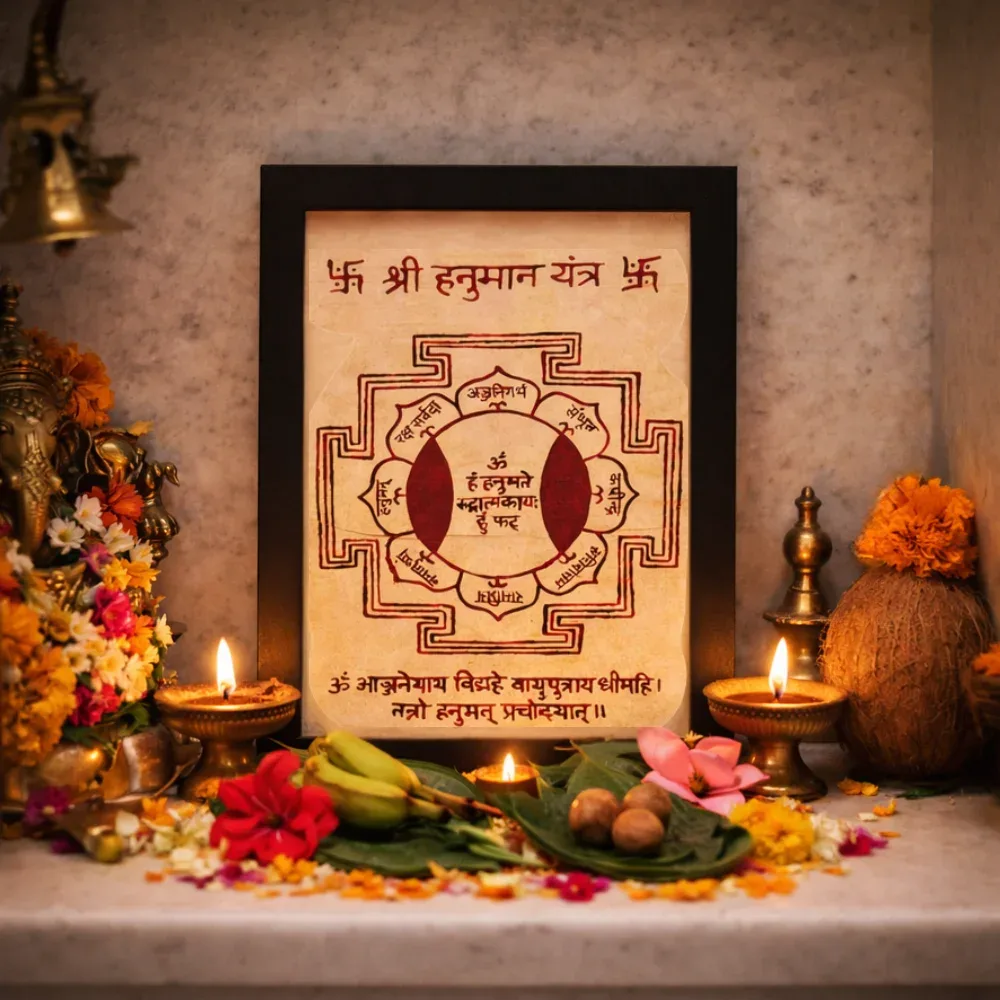 Handcrafted Shri Hanuman Yantra on authentic Bhojapatra with Hanuman Gayatri mantra for protection and strength, displayed on a Vedic altar.