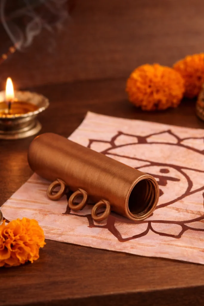 Handwritten Vishuddha Kavach Yantra on authentic Bhojpatra with a copper tabeez for throat chakra balance, clarity, and effective communication.