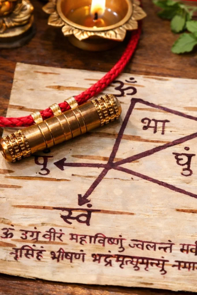Sacred Narasimha Kavach Yantra featuring the Ugra Veeram mantra handwritten on birch bark for divine protection and courage.