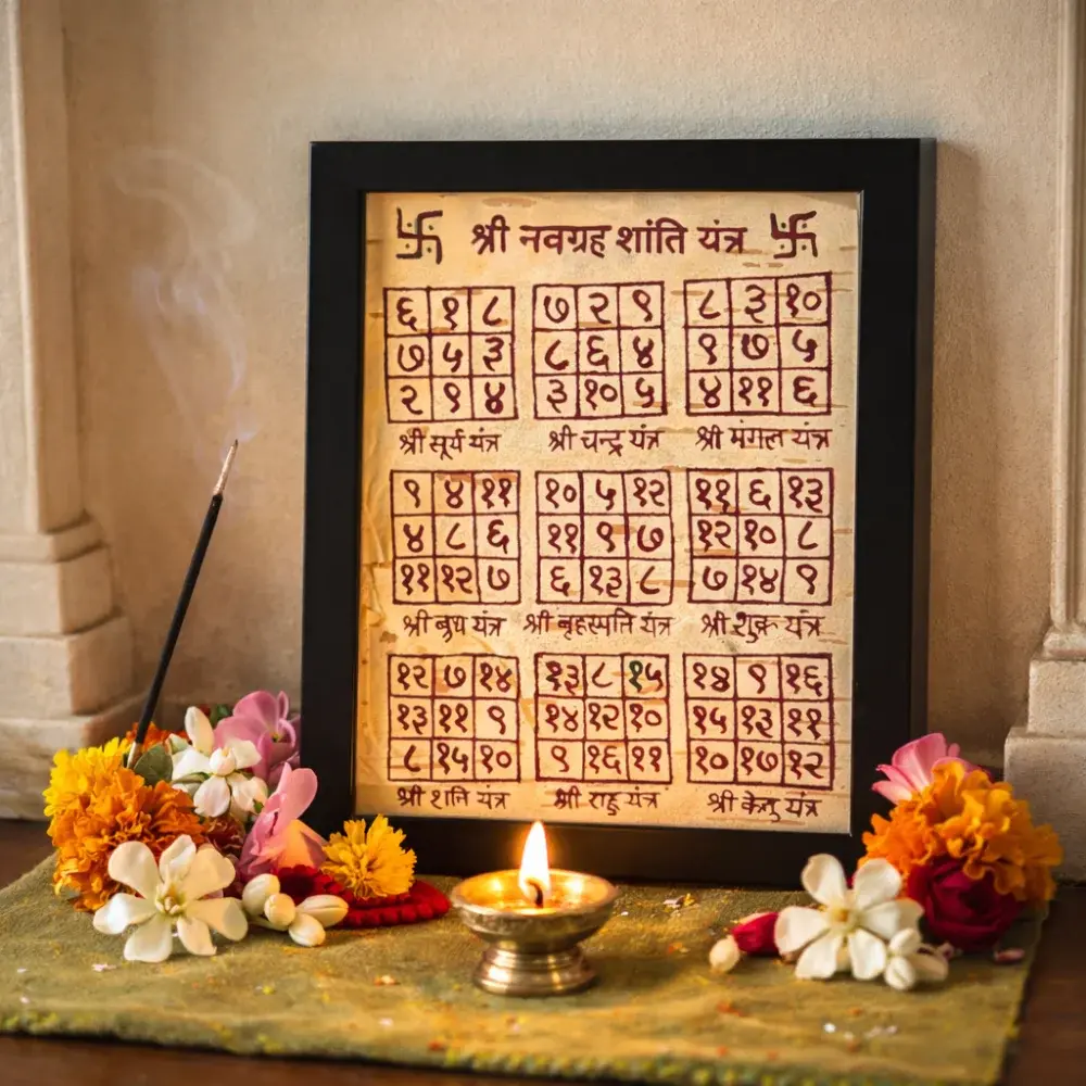 Complete Navagraha Shanti Yantra featuring numerical grids for all nine planets, handcrafted on Bhojapatra for astrological balance.