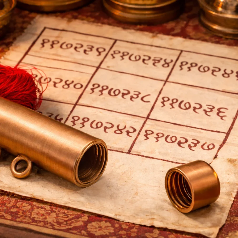 Detailed numerical Anka Yantra Kavach handwritten on Bhojpatra with an energized copper tabeez.