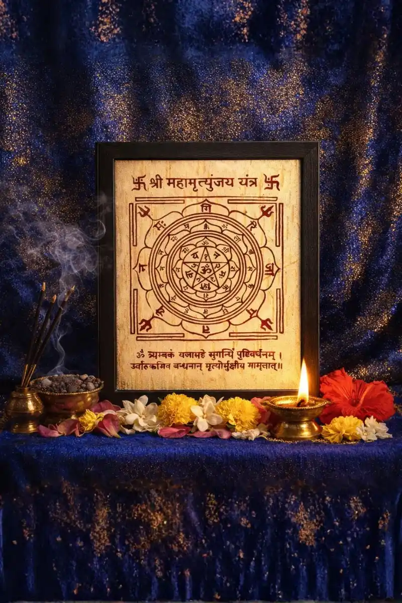 Intricate Shree Mahamrityunjaya Yantra for health and longevity, featuring the full Mahamrityunjaya Mantra on authentic Bhojpatra.