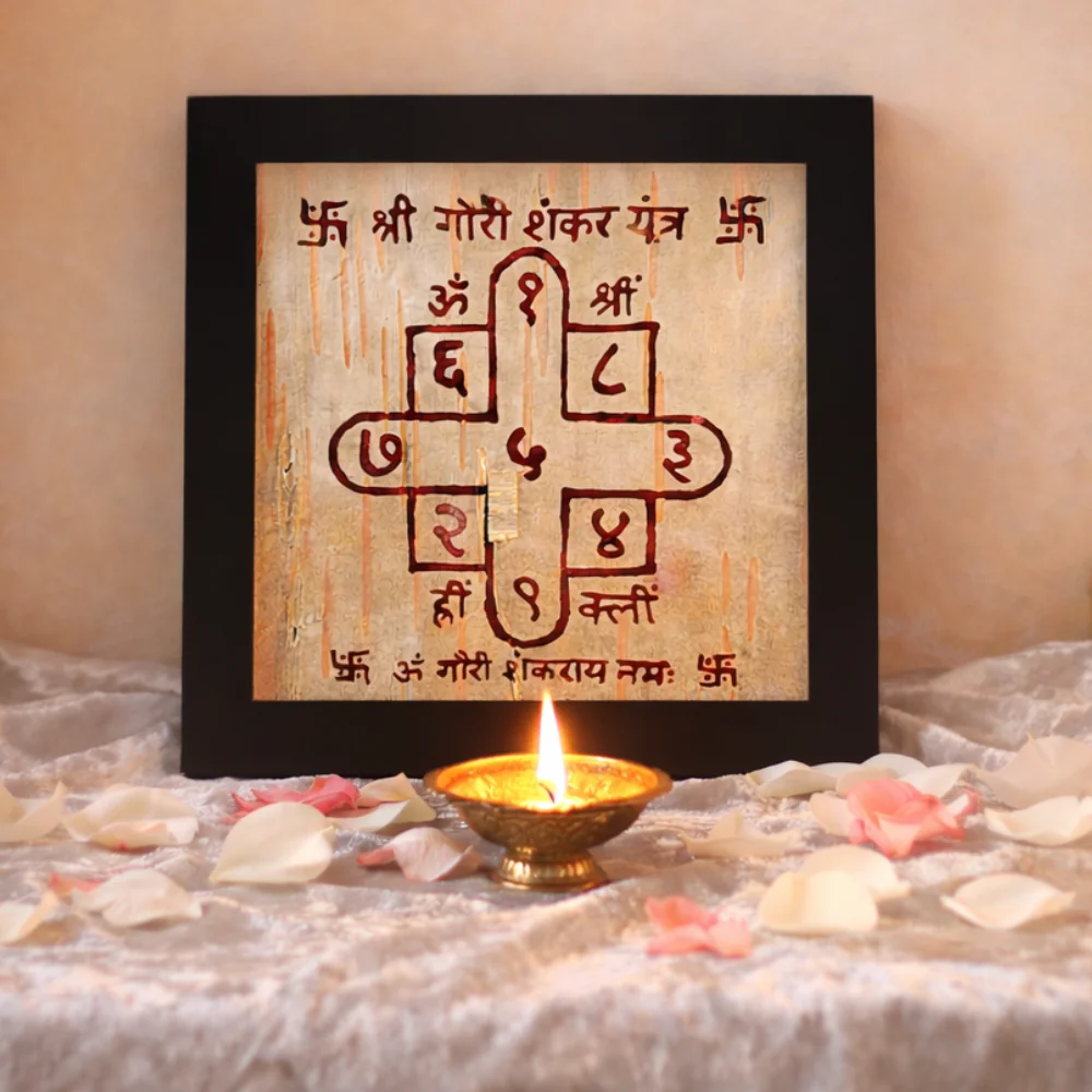 Sacred Shri Gauri Shankar Yantra numerical grid for relationship harmony, handcrafted on authentic Bhojapatra with Bija mantras in a ritual setting.