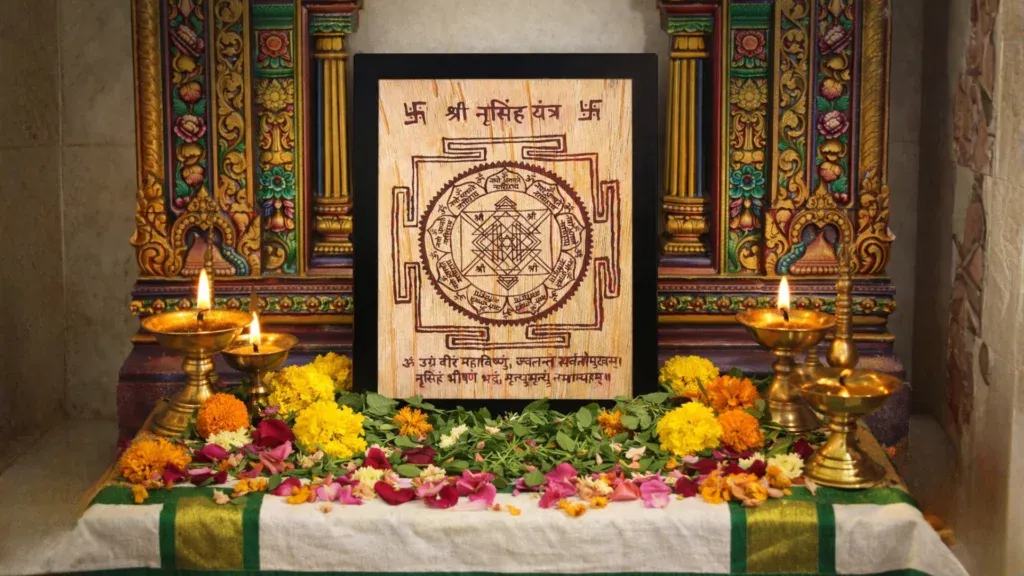 Powerful Shri Narsingh Yantra handcrafted on Bhojapatra for protection against negativity, featuring the Ugra Veeram mantra on a traditional altar.