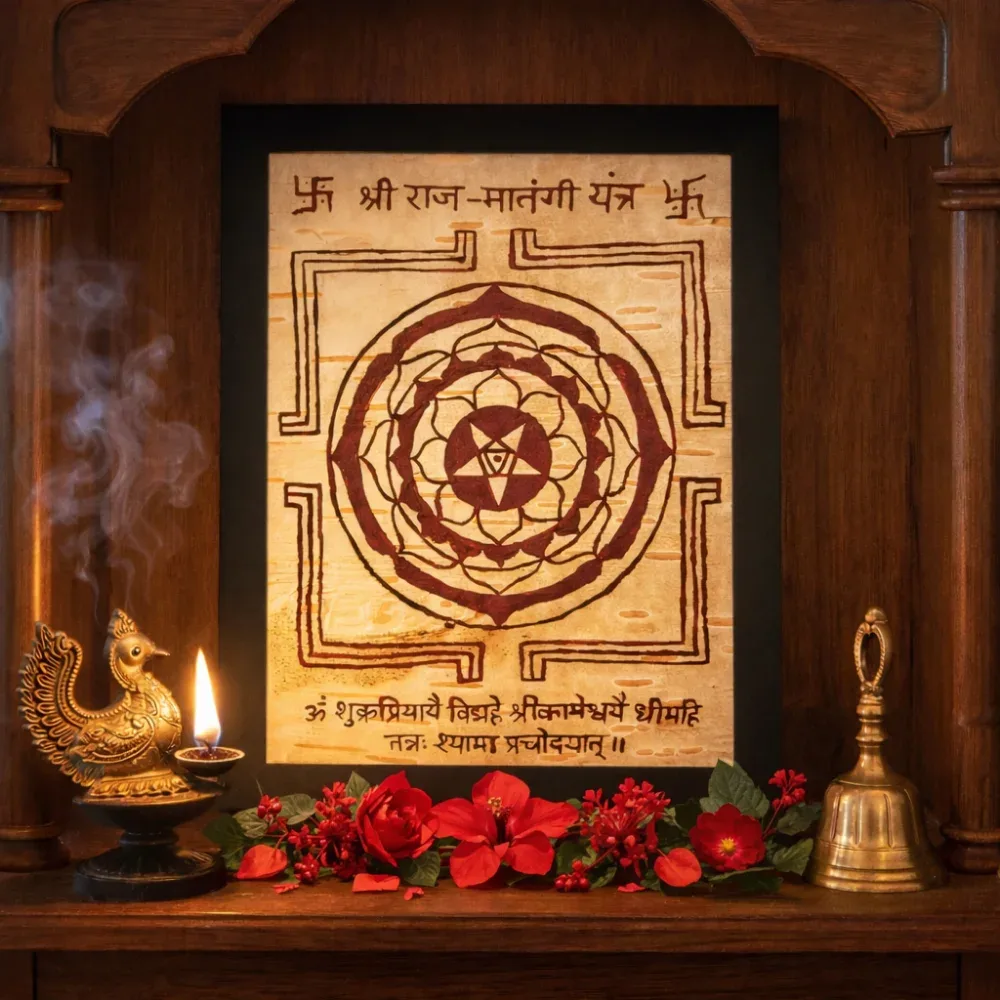 Hand-drawn Shri Raj-Matangi Yantra on Bhojpatra sheet featuring the Matangi Gayatri Mantra, arranged with red hibiscus flowers and a traditional peacock brass diya.