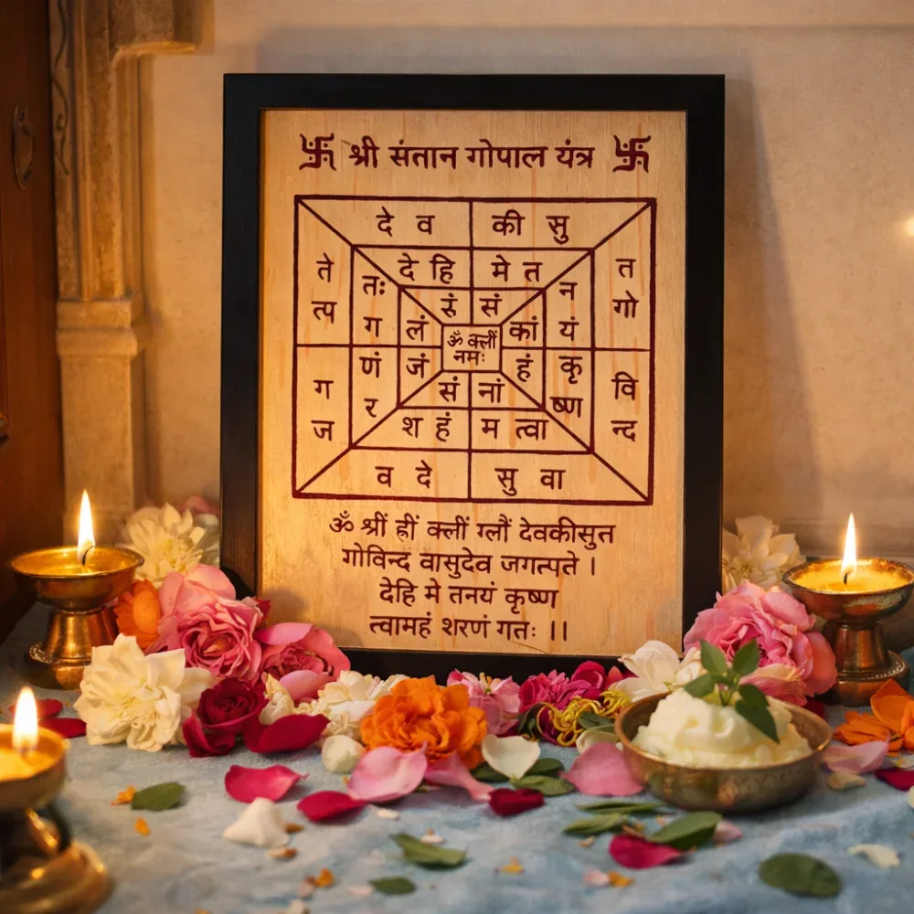 Shri Santana Gopal Yantra on Bhojapatra for blessing of children and family growth, displayed with Makhan (butter) and rose petals.