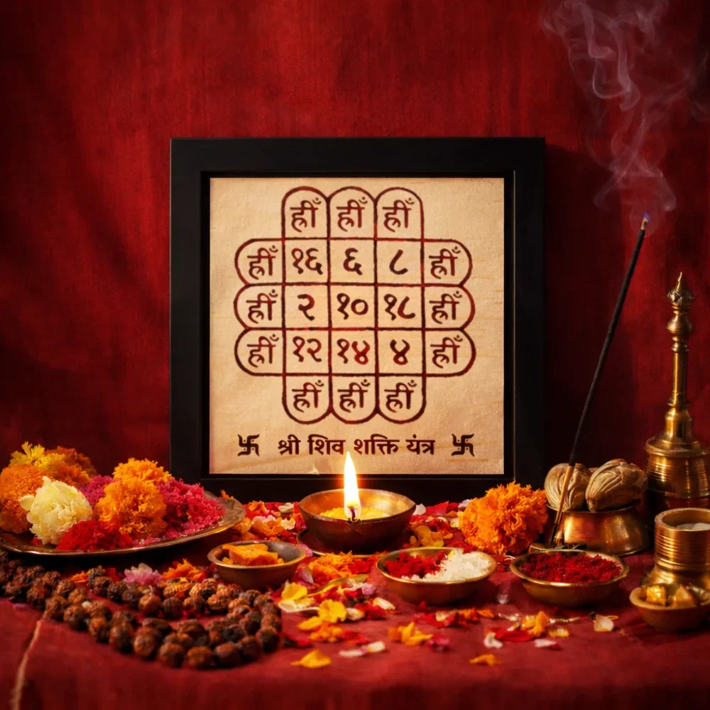 Traditional Shri Shiv Shakti Yantra with Hreem Beej Mantras, handcrafted on Bhojapatra, displayed with rudraksha beads and incense for spiritual energy.