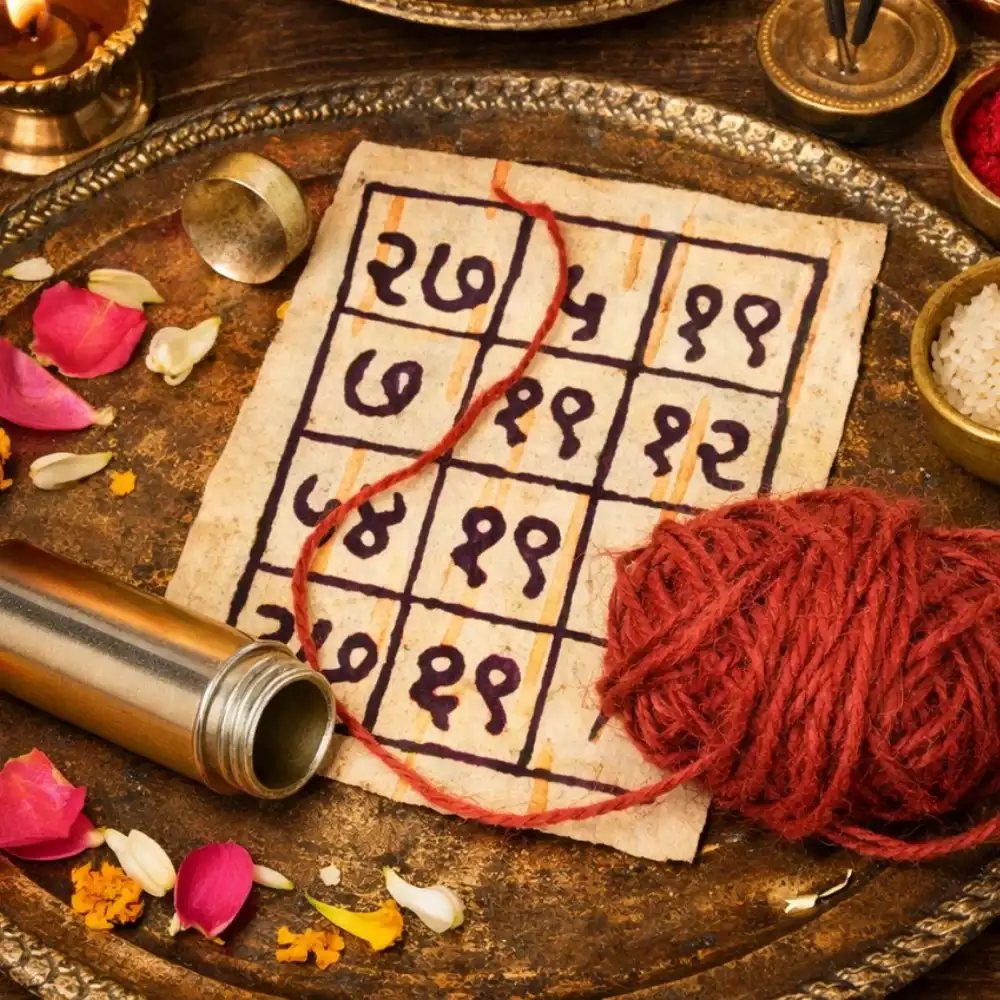 Personalized Vedic Anka Yantra handwritten on Bhojpatra with an energized copper tabeez and red ritual thread.