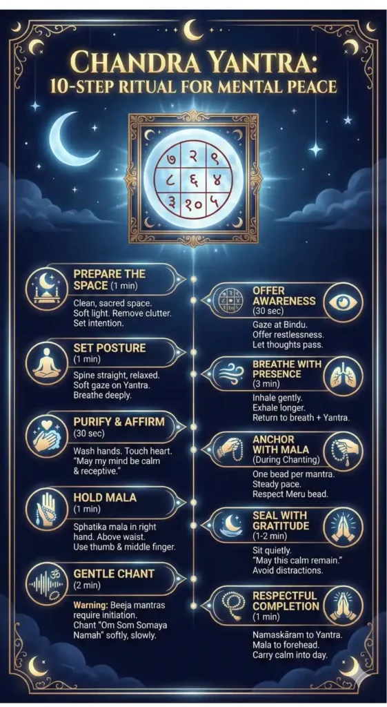 Sleek infographic detailing a 10-step Chandra Yantra ritual for mental peace and calm. The design features a traditional Bhoj Patra Chandra Yantra glowing against a starry night background, with steps for space preparation, posture, Sphatika mala usage, and mindful chanting, presented by YantraChants.com.