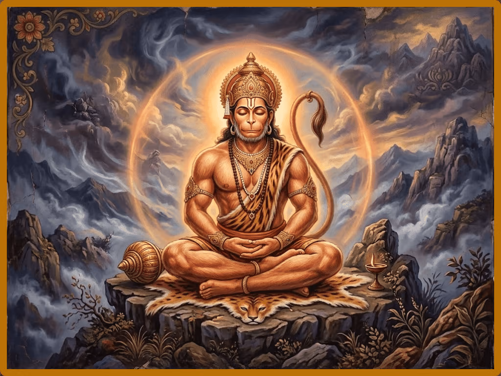 A powerful, traditional illustrative depiction (resembling a fresco or painting) of Shri Hanumanji Maharaj. He is shown not fighting, but in a profound meditative state, seated on Gandhamadana mountain. He radiates a subtle, golden-orange light (Prana energy) that stabilizes the misty, chaotic atmosphere surrounding him, representing his function as a bridge for a seeker's weak Prana. His eyes are closed, emphasizing humility and inner strength.