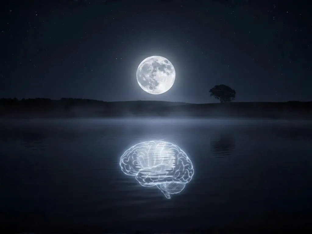 A conceptual 4:3 image of a glowing, translucent human brain floating on the surface of a dark, still lake at night. A large, bright full moon hangs in the starry sky, its light reflecting perfectly on the water's surface through the silhouette of the brain, symbolizing the mind as a clear, reflective surface in a state of deep calm and meditation.