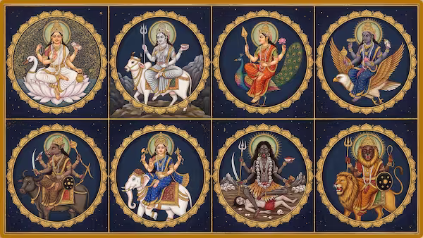 A traditional Indian miniature painting presented as an 8-panel grid (4x2) against a dark blue background with gold accents. Each circular panel features a distinct portrait of one of the Ashtamatrikas (Eight Mother Goddesses) seated on their unique divine vahana (mount). From top-left to bottom-right, the deities are shown on: 1. A Hamsa (swan), 2. A Nandi (bull), 3. A Mayura (peacock), 4. Garuda (eagle), 5. Mahisha (buffalo), 6. Airavata (elephant), 7. A corpse (preta/shava), and 8. A Simha (lion). The style is classic Indian sacred art, richly detailed with intricate patterns and gold elements.