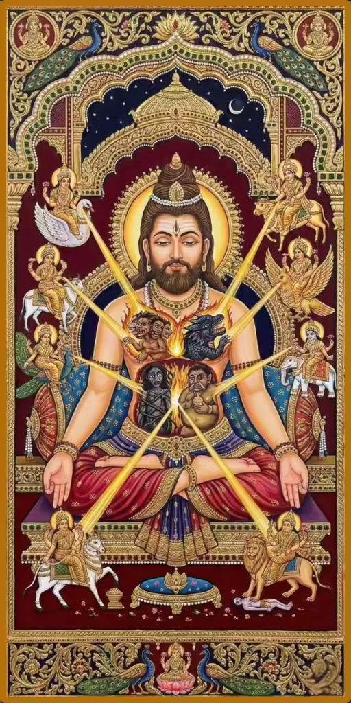 A tall, traditional Tanjore-style painting featuring intricate gold leaf detailing set against a deep crimson and indigo background. At the center is a meditating figure seated in padmasana with a perfectly serene expression. A cross-section of the figure's torso reveals an internal battlefield where shadowy, non-human forms—embodying ego, fear, and anger—are being consumed by a radiant golden fire. Surrounding the external body, the eight fierce Ashtamatrika goddesses direct luminous rays of purifying energy inward toward the meditator, illustrating the profound internal purification of spiritual practice.