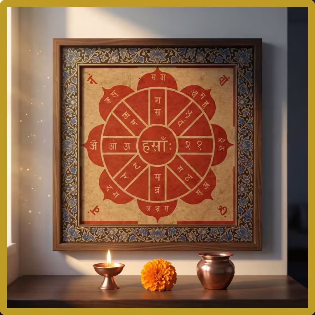 A highly realistic, reverent view of a Guru-Energized Ashtamatrika Yantra, intricately hand-drawn on Authentic Himalayan Bhojpatra. The sacred mandala features an eight-petaled red lotus with precise Shastric geometric proportions, inscribed with lineage-based Devanagari Beeja Mantras. The Living Yantra is mounted in a dignified wooden frame adorned with traditional blue lotus motifs, placed on a clean, East-facing wall. Below it, illuminated by the quiet golden light of early morning, rests a single lit ghee diya, a fresh marigold, and a small water vessel, establishing a space of profound stillness ready for Sadhana.