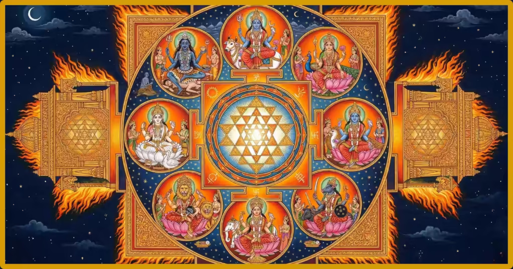 Traditional Indian sacred art depicting the Ashtamatrika Yantra — eight fierce and radiant Divine Mothers seated in circular positions around a glowing Sri Yantra center, enclosed within a golden Bhupura boundary with four flaming gateways, set against a deep indigo night sky with crescent moon, representing the complete eight-directional protection of the Ashtamatrika mandala in the Shakta-Tantric tradition.