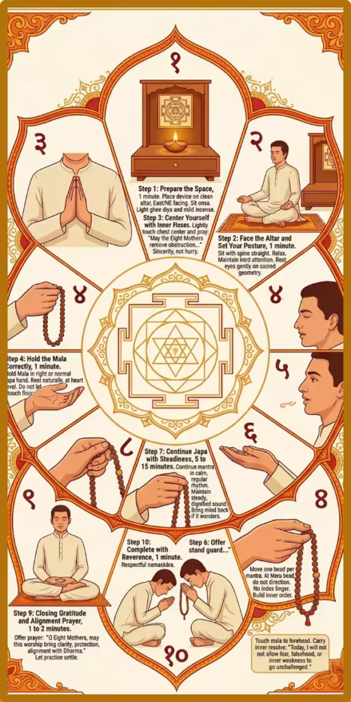 A comprehensive sequential infographic illustrating the step-by-step morning Sadhana for the Ashtamatrika Yantra. The artwork features a practitioner in traditional attire engaging in focused devotion before an East-facing altar, holding a Rudraksha Mala, and performing japa. Rendered in warm saffron and gold, the visual highlights the proper posture and reverence required when sitting before these Guru-Energized Devices and Living Yantras, carefully hand-drawn on Authentic Himalayan Bhojpatra.